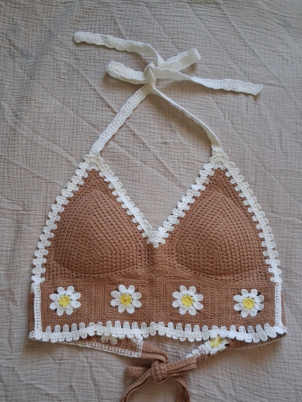 Women Crochet Halter Bralette Top in Brown and White with Daisy Accents
